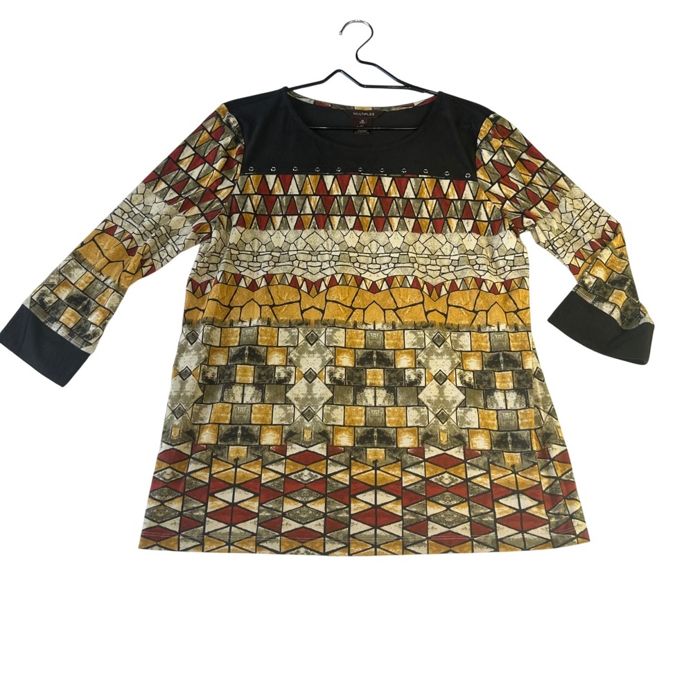 Multiples Womens Geometric Mosaic Grommet Accent 3/4 Sleeve Tunic Top Brown M